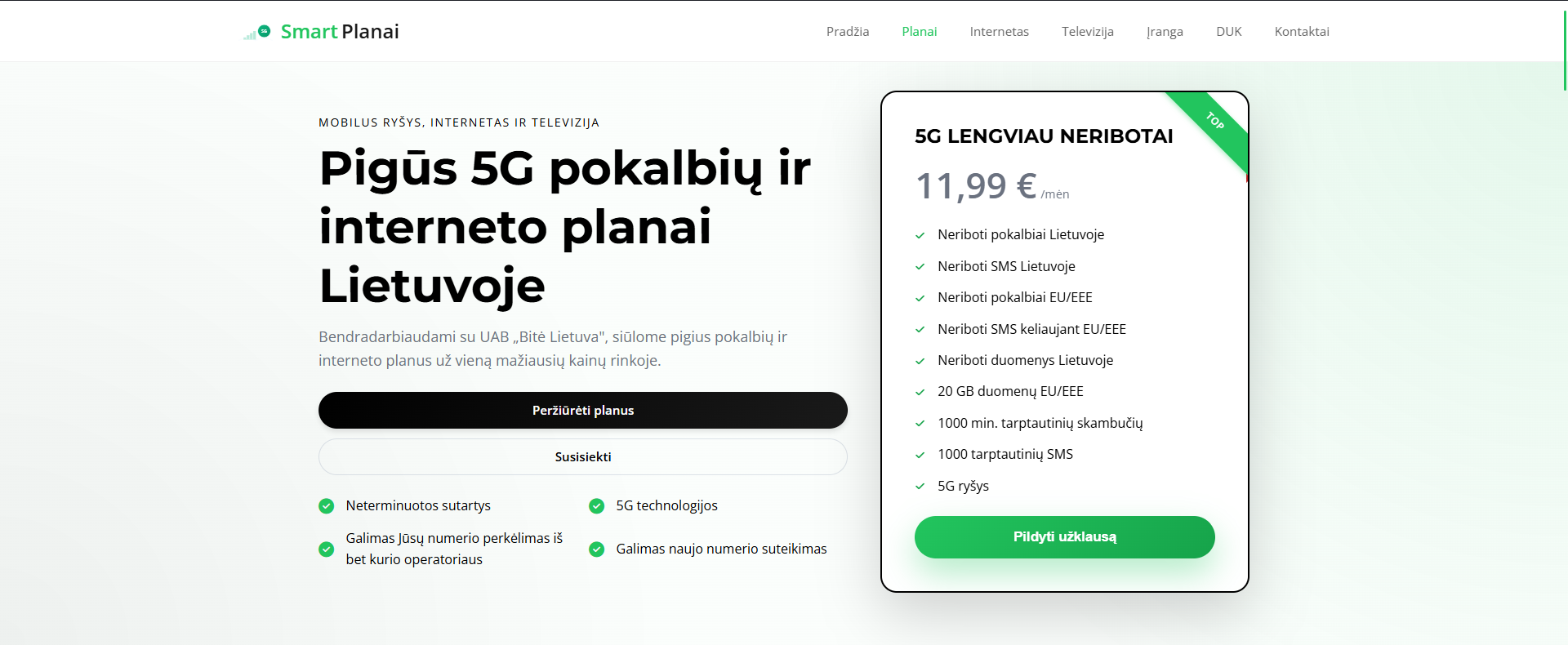 SmartPlanai.lt - Telekomunikacijų paslaugų svetainė su 5G planais